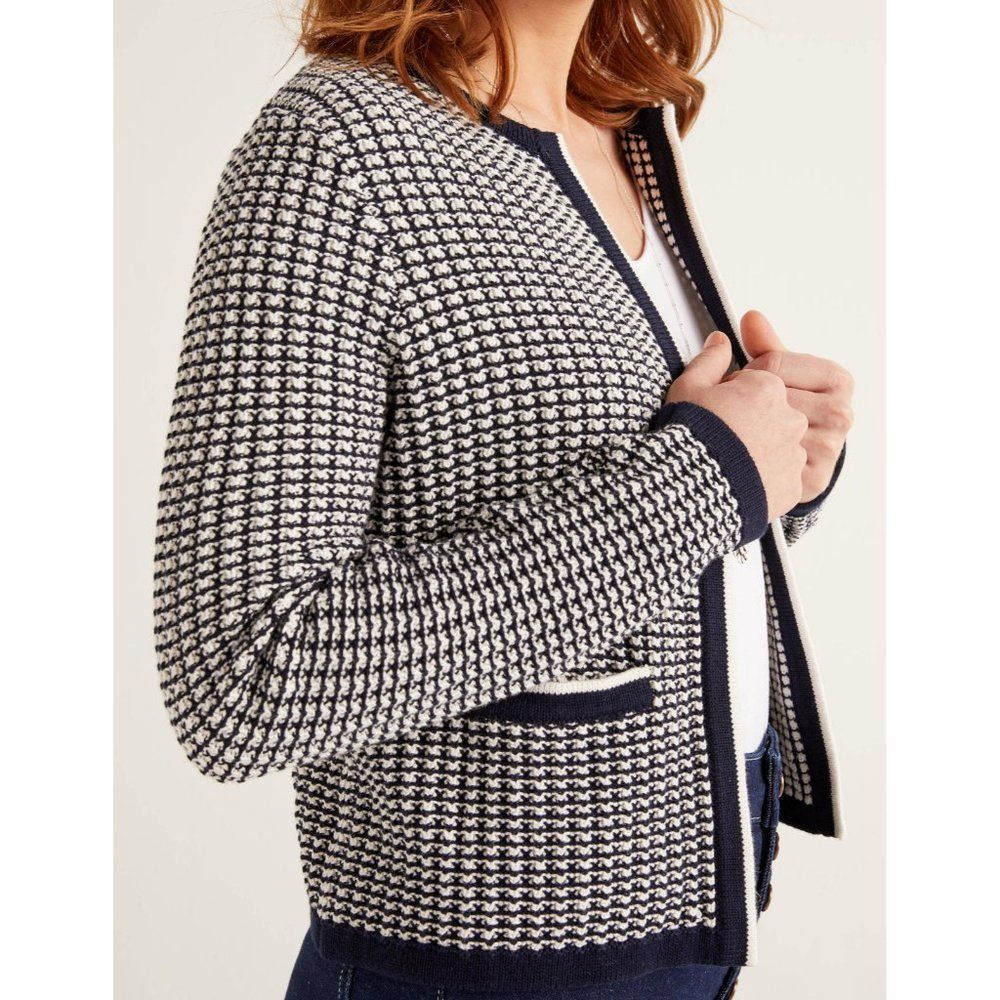 Boden Womens Navy/White Cotton Cranbrook Cardigan Welt Pockets Open Front SZ 8